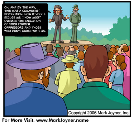Atomic Mind Bombs (personal development brain puzzle cartoons) by Mark Joyner titled Che which shows Ernesto Che Guevara and Fidel Castro talking to peasants and finally informing them that they will be communist and must commit murder.