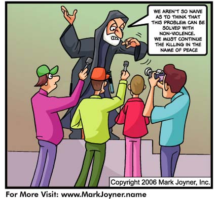 Atomic Mind Bombs (personal development brain puzzle cartoons) by Mark Joyner titled Evil Jedi Mind Trick 2 of 5 shows a politician trying to justify killing.