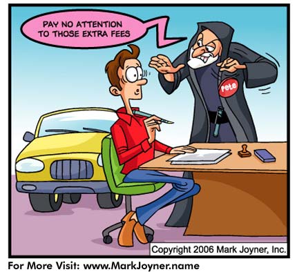 Atomic Mind Bombs (personal development brain puzzle cartoons) by Mark Joyner titled Evil Jedi Mind Trick 3 of 5 shows a car salesman tricking someone into paying extra fees.