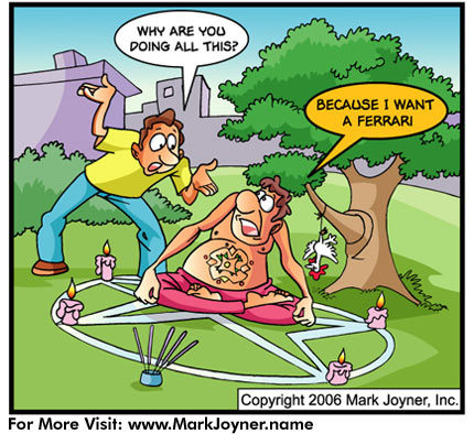 Atomic Mind Bombs (personal development brain puzzle cartoons) by Mark Joyner titled My New Ferrari that shows someone doing the crazy things we sometimes do to get what we want.