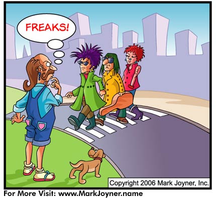 Atomic Mind Bombs (personal development brain puzzle cartoons) by Mark Joyner titled Freaks which shows a hippy looking at punk rockers and calling them freaks.