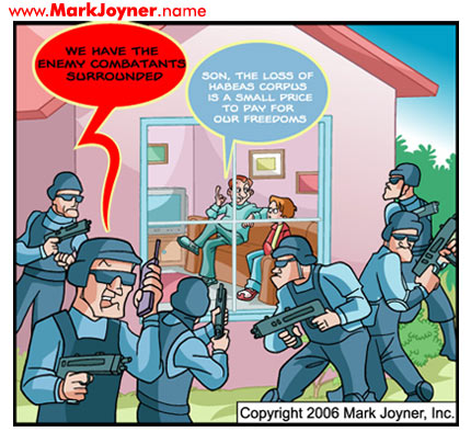 Atomic Mind Bombs (personal development brain puzzle cartoons) by Mark Joyner titled The Price of Freedom that shows a family about to be arrested as enemy combatants while discussing the loss of Habeas Corpus.