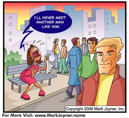 Atomic Mind Bombs (personal development brain puzzle cartoons) by Mark Joyner titled Its a Small World After All that shows a woman surrounded by great men lamenting the loss of her lover thinking shell never replace him.