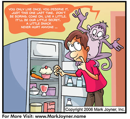 Atomic Mind Bombs (personal development brain puzzle cartoons) by Mark Joyner titled Monkey on My Back that shows someone with a monkey on their back whispering excuses for eating unhealthy food.