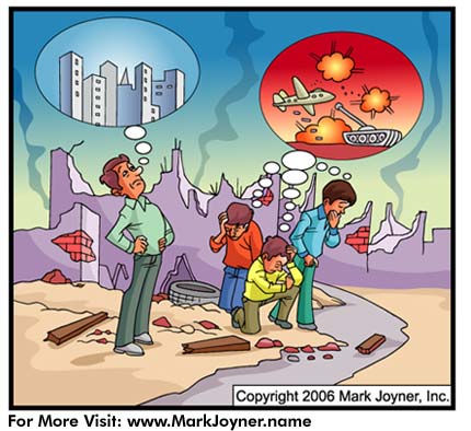 Atomic Mind Bombs (personal development brain puzzle cartoons) by Mark Joyner titled Opportunity that shows people reacting in various ways to a catastrophe.  Some are focused on what happened.  Others are focused on rebuilding.