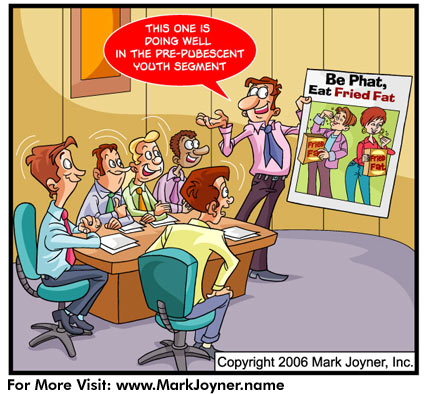 Atomic Mind Bombs (personal development brain puzzle cartoons) by Mark Joyner titled Phat that shows a an ad campaign for fried fat.