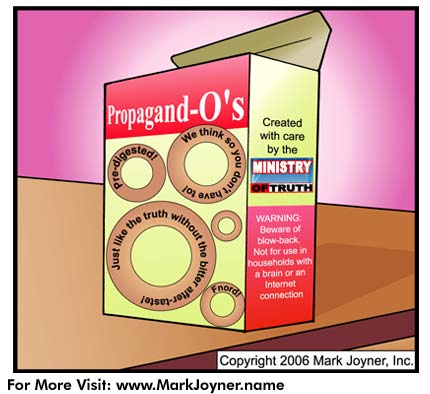 Atomic Mind Bombs (personal development brain puzzle cartoons) by Mark Joyner titled Propagandos about the degrading of news reporting to a medium of propaganda.