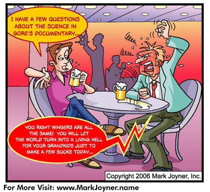 Atomic Mind Bombs (personal development brain puzzle cartoons) by Mark Joyner titled An Inconvenient False Dichotomy shows one person questioning Al Gore in An Inconvenient Truth and the other assuming he is a right winger as a result.