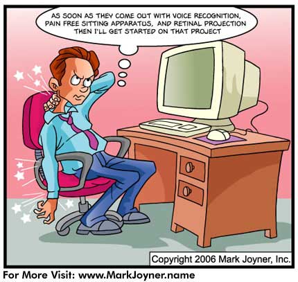 Cartoon by Mark Joyner about people suffering from computer related injuries like RSI, repetitive stress injury, and carpal tunnel - and how this negatively affects productivity..